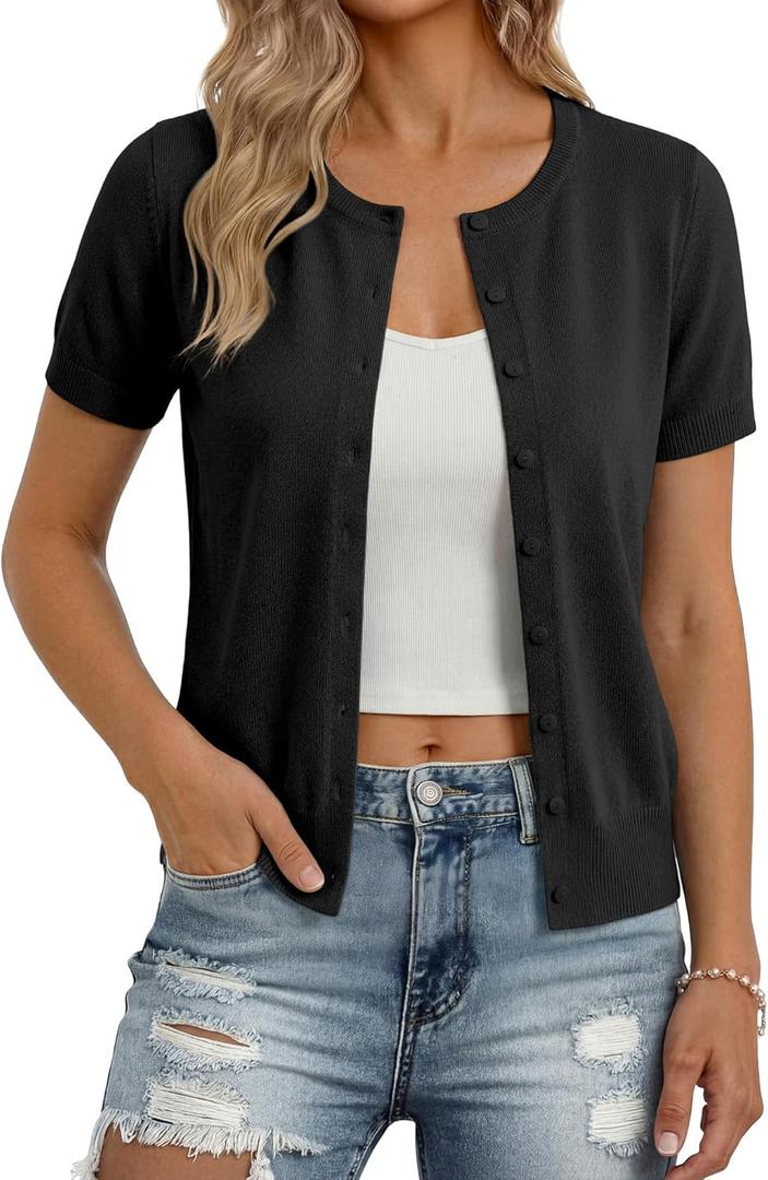 GRACE KARIN Black Cardigan for Women, Short Sleeve Button Down Sweaters, 2026 Spring Knit Sweater Tops Black XL