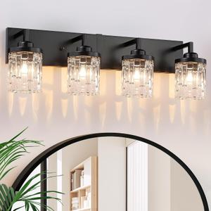 maesta Black Vanity Light, 4 Light Crystal Modern Farmhouse Bathroom Light Fixtures, with Crystal Glass Shade, Rustic Black Bathroom Wall Light Over Mirror for Living Room, Bedroom, Hallway