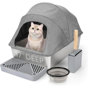 Enclosed Stainless Steel Cat Litter Box with Oxford Lid, Extra Large Litter Box for Big Cats, Anti-Leakage, Odor Control Litter Pan Tray with Litter Scooper,Non Stick Smooth Surface (24" L x 16" W)