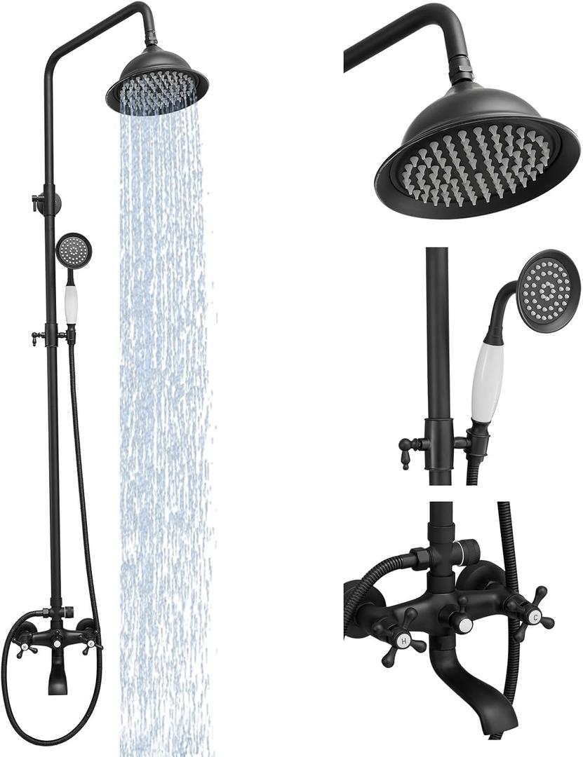 Outdoor Shower Faucet Set, Exposed Shower System 3 Function,Rainfall Shower Head,Adjustable Hand Held Shower Head and Tub Spout, Double Knobs Cross Handle Shower, Wall Mounted, Matte Black