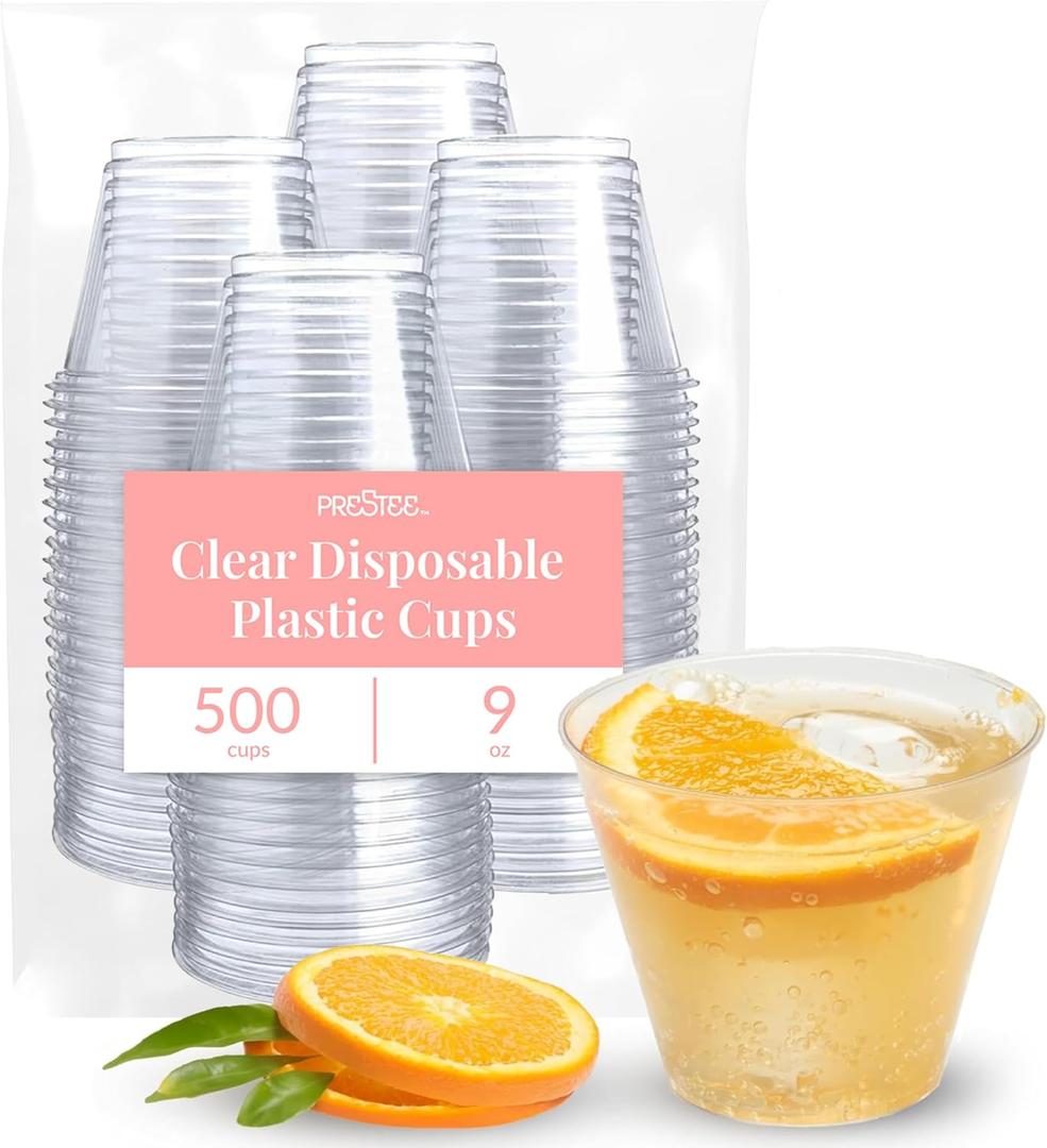 Prestee 500 Clear Plastic Cups - 9 oz Cocktail Cups for Parties and Events, Plastic Cocktail Glasses, Disposable Drinkware - Durable Drinkware, Bulk 500 Party Supplies (500 Count (Pack of 1)