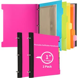 2 Pcs Pivotable Refillable Notebook, 3 Ring Binder Notebooks 1 Inch, Notebook with Dividers and Pockets, Folder Notebook, Flexible Binder, Soft Binders 3 Ring, Foldable Binder- Pink