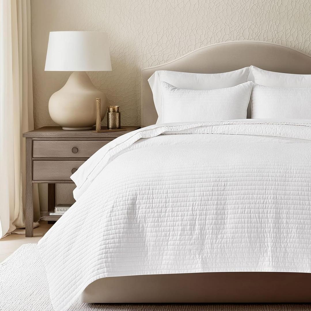 EVERGRACEHOME Cotton Sateen Quilt Set, King Size, Bright White, King/Cal King