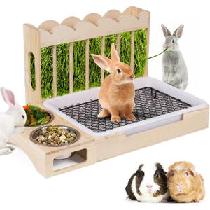 Upgraded 3-in-1 Rabbit Hay Feeder with Litter Box, Sturdy Wooden Hay Feeder Set for Guinea Pigs, Chinchillas, Hamsters, Ferret, Rabbits and Other Small Animal