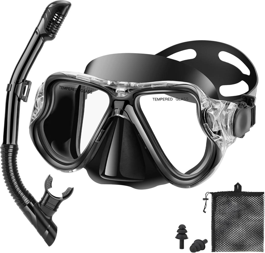 Snorkeling Gear for Adults Kids, Dry Snorkeling Set, Panoramic Anti-Leak and Anti-Fog Tempered Glass Lens, Adjustable Strap Snorkel Set with Mesh Bag Ear Plug for Snorkeling Scuba Diving Travel (Kids(6-14 Ages), Black)