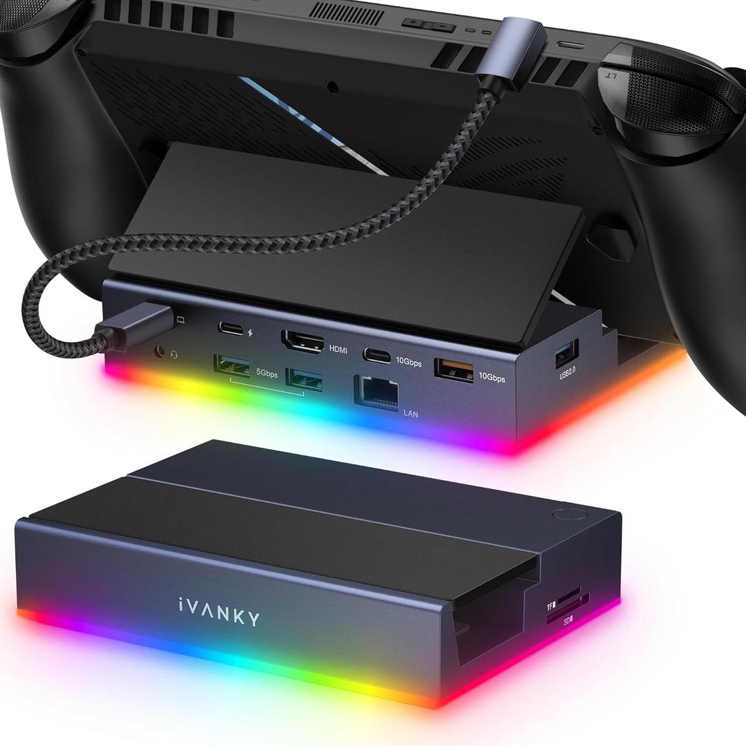iVANKY 14-in-1 RGB Docking Station for ROG Xbox Ally X(2025)/Steam Deck OLED/Lenovo Legion GoS, 4K@120Hz Foldable Dock with HDMI Gigabit Ethernet 10Gbps USB3.2, SD/TF Slots, 1Gbps Ethernet,100W Charge