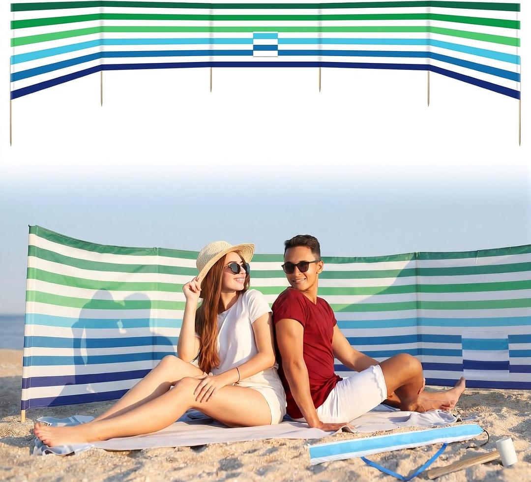 Cinnvoice 20ft Stripe Beach Windscreen Set Long Privacy Screen with 6 Hardwood Poles Rubber Mallet and Carry Bag Portable Beach Fence Wind Blocker for Summer Outdoor Sand Wind Protection