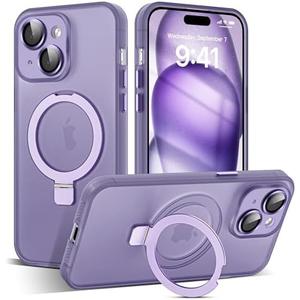Designed for iPhone 15 Case with Magnetic Invisible Ring Stand[Military Drop&Full Camera Lens Protection][Compatible with Mag-Safe] Matte Translucent Slim Phone Case for iPhone 15 6.1"Purple