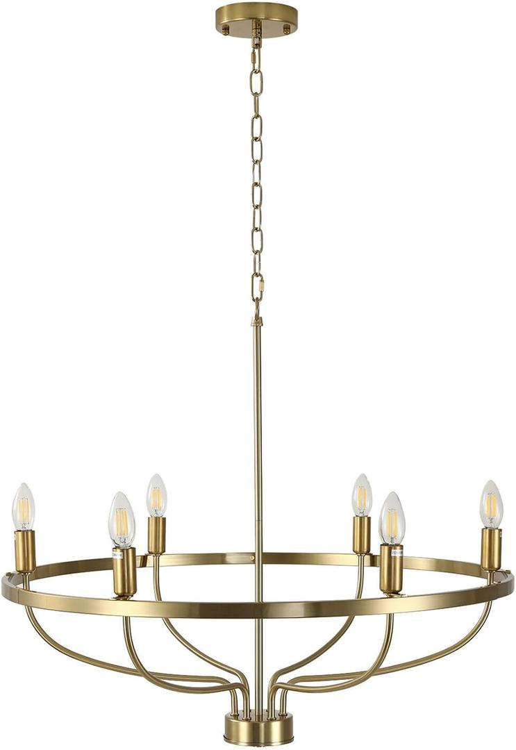 6-Light Chandelier Farmhouse Pendant Light Industrial Metal Hanging Light Classic Candle Ceiling Modern Chandelier for Kitchen Island Living Room Entryway Foyer Bedroom (Gold)