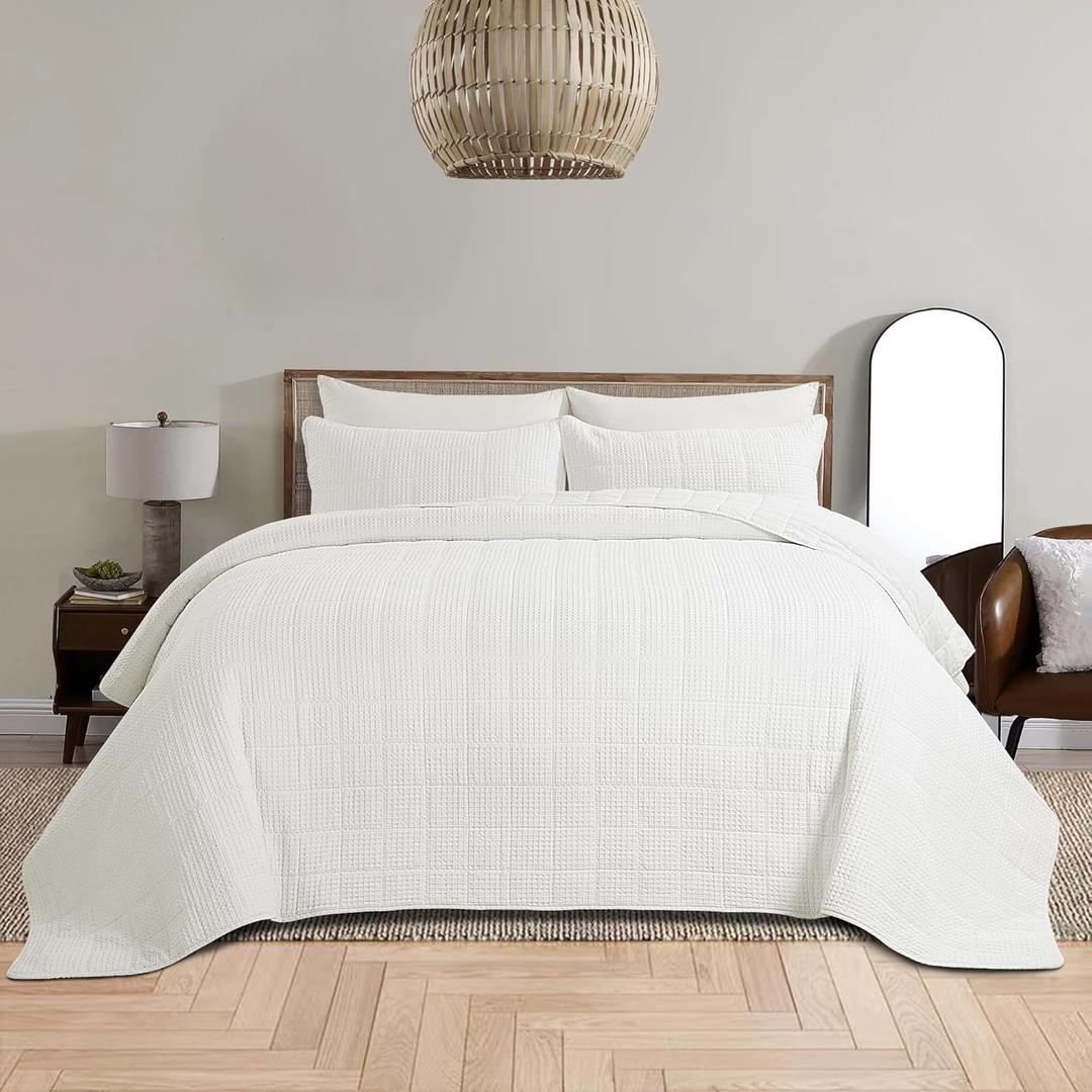 HOMBYS Oversized King Bedspreads 120x128,100% Cotton Waffle Weave Quilt Set,Extra Large Coverlet Set,White Oversized King Quilt Bedding Set,Lightweight Bed Big Bedspreads,1 Quilt with 2 Pillow Shams (120"x128", Cream)