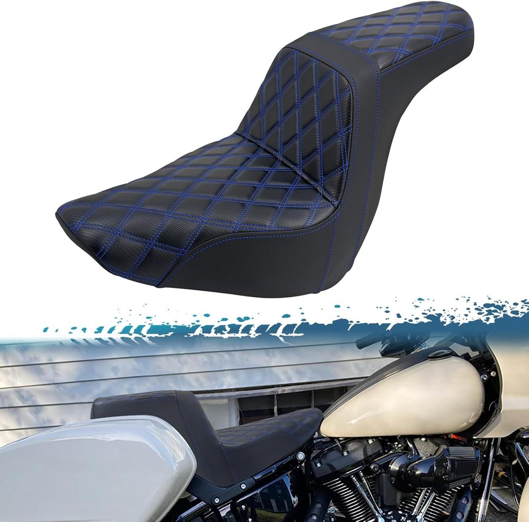 One-Piece Driver Passenger Seat Motorcycle 2-Up Seat Fit for Harley Sport Glide FLSB Low Rider FXLR FXLRS FXLRST 2018-later (Blue Stitching)