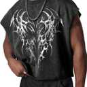 VIPWOLF Men's Grunge Graphic Cropped Tank Tops Y2K Dolman Sleeve Washed Cut Off T Shirts Streetwear (Black, S)