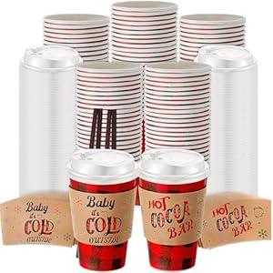 Pickmesh 50 Sets 12oz Winter Baby Shower Party Coffee Cup Sets, Baby It's Cold Outside Snowflake Hot Cocoa Bar Paper Cups with Lids, Sleeves Stirrers for Christmas Birthday Decor