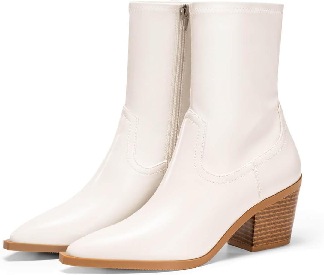 Coutgo Womens Pointed Toe Ankle Boots Chunky Stacked Heel Side Zipper Leather Fall Booties Shoes (8.5, Beige)