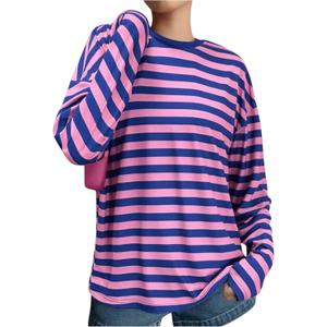 Verdusa Women's Color Block Striped Long Sleeve Loose Tee Shirts Round Neck Pullover Tops Pink Medium