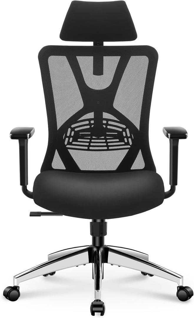 Ticova Ergonomic Office Chair - High Back Desk Chair with Adjustable Lumbar Support, Headrest & 3D Armrest - 130Rocking Mesh Computer Chair (70D x 26W x 54H cm, Black)