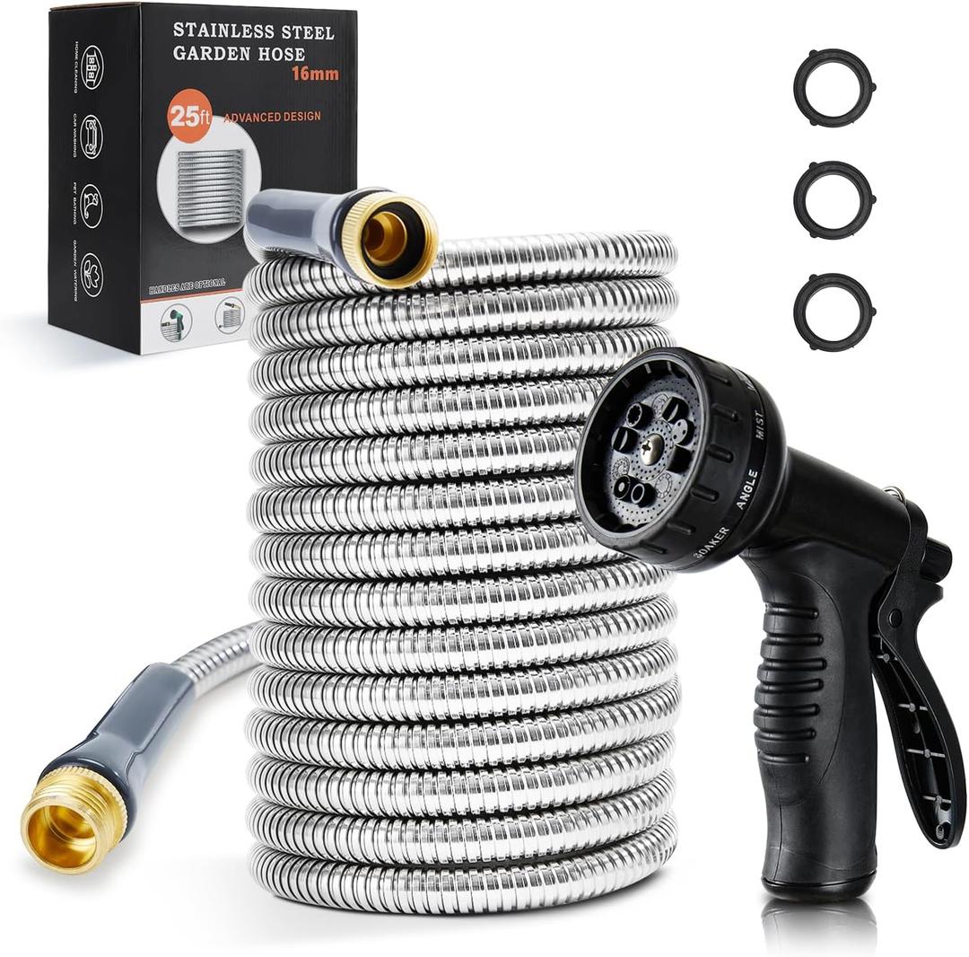 Stainless Steel Garden Hose 25 ft Heavy Duty Metal Water Hoses with 10 Function Water Hose Nozzles for Yard Outdoor