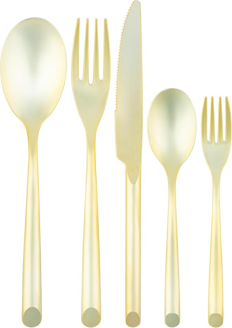 PLASTICPRO 80 Pieces Plastic Silverware Suave Elegant Premium Heavy Duty Gold Plastic Cutlery Set, Fancy Disposable Flatware