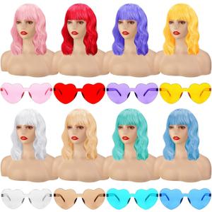 16 Pcs Short Colored Wig and Sunglasses Set for Bachelorette Party Curly Wavy Wig Bulk for Women Halloween Cosplay Neon Bachelor Wedding Neon Birthday Party Favor, 8 Colors