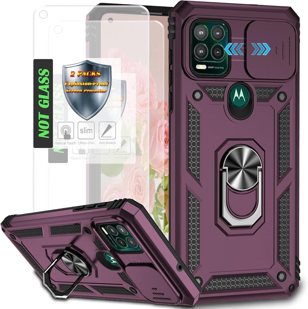 AYMECL Case for Moto G Stylus 5G (2021) with Slide Camera Cover and [2 Packs] Explosion-Proof Film, Built-in 360 Rotating Ring Stand Magnetic Cover for Motorola Moto G Stylus 5G 6.8 Inch - Wine Red