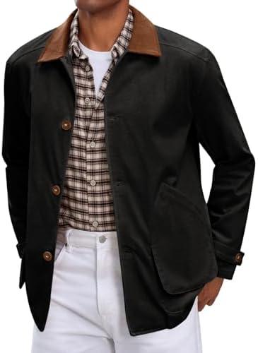 Runcati Mens Lightweight Jackets Button Down Casual Cotton Barn Jacket Vintage Military Fall Outwear with Pockets, Large