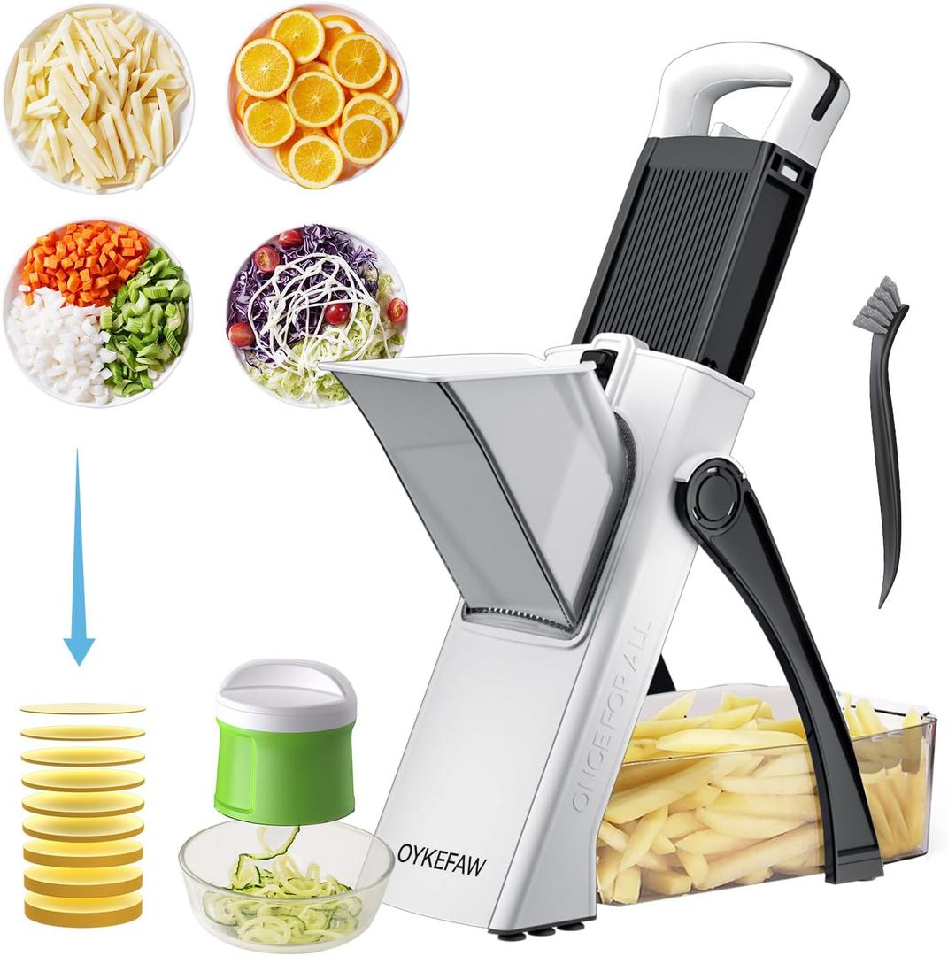 Safe Mandoline Slicer for Kitchen, 6 in 1 Vegetable Chopper, Zucchini SpiralizerFrench Fry Cutter For Potatoes, Potato Slicer,Food Chopper,Adjustable Thickness 0.1-8 mm, With Peeler (BLACK+green)