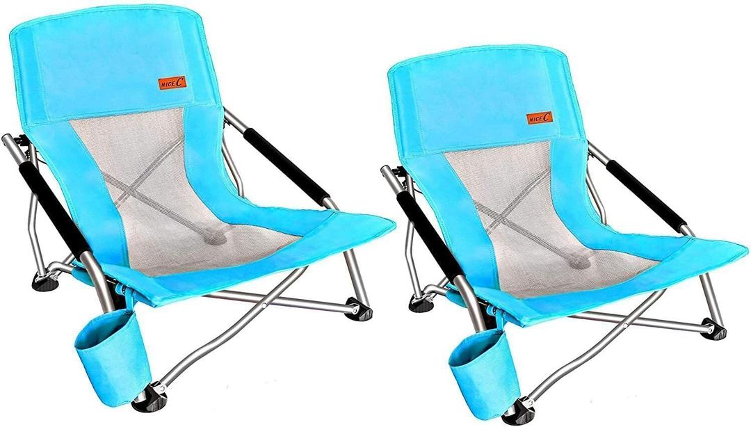 Nice C Low Beach Chair, Beach Chairs for Adults 2 Pack, Sling, Folding, Portable, Concert, Kids, Boat, River, Sand Chair, Sillas De Playa, with Cup Holder & Carry Bag (2 Pack of Blue)