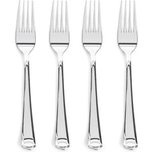 Prestee 300 Count Plastic Forks - 7 Inch Heavy Duty Disposable Silverware - Bulk Fancy Silver Fork Set for Table Decor - Durable Plastic Silverware for Parties, Events and Christmas Holidays