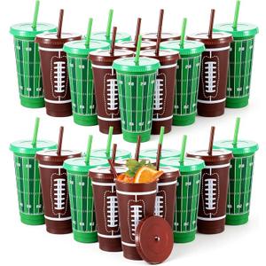 24Pcs 24 oz Football Party Cups with Lids and Straws Reusable Plastic Tumbler Travel Mug Cups for Kids Coach Men Women Football Favors Tailgate Party Sports Game Time Supplies Decorations