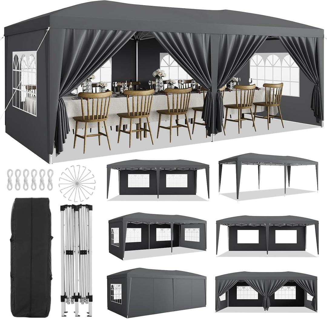 Garvee 10x20 Pop Up Canopy Tent with 6 Removable Sidewalls, Easy Up Commercial Canopy Tents for Parties, Large Heavy Duty Outdoor Canopies with 3 Adjustable Heights, Stakes X18, Ropes X6, Grey