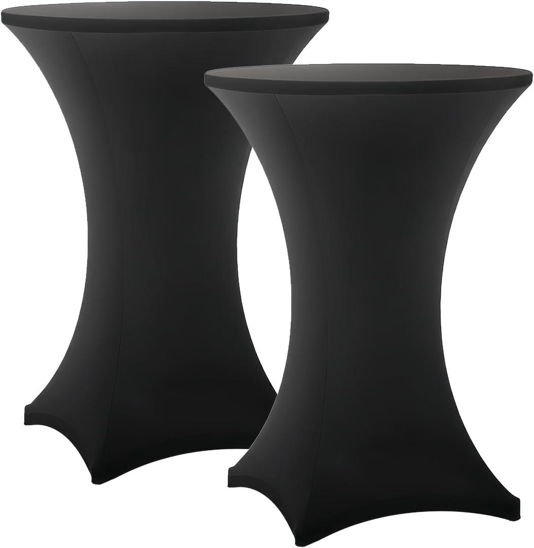 Cocktail Table Covers - 2 Pack 32x43 Inch Table Cloth - Black Fitted Stretch Spandex Round High Top Tablecloth for Party, Bar, Birthday, Pub, Banquet