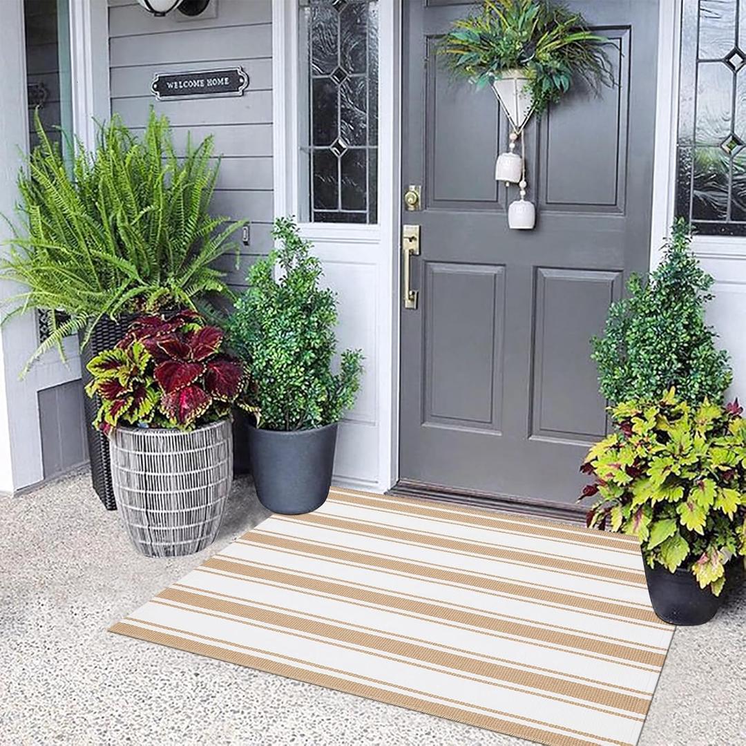Khaki and White Striped Outdoor Rug, 2'x4.3', Modern Farmhouse Door Mat, Washable, Foldable, Rectangular, Cotton, Both Indoor Outdoor, Area Rug