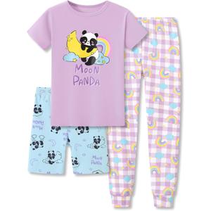 Topgal Moon Panda Pajamas Kids Cotton Rainbow Short Sleeves Shorts & Checkered Pant 3 PCS Soft Jammie Size 12