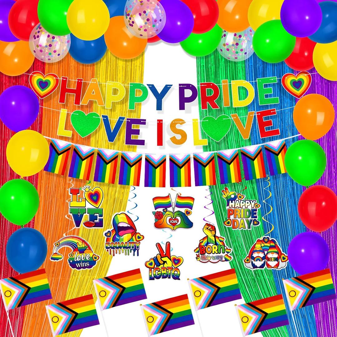 Ouddy Life 70 Pcs Pride Party Decorations Set, Gay Pride Decor, Banner Hanging Swirls Rainbow Foil Fringe Curtains Balloons Flags for LGBT Pride Month Rainbow Theme Party Supply, Office, Home, Garden