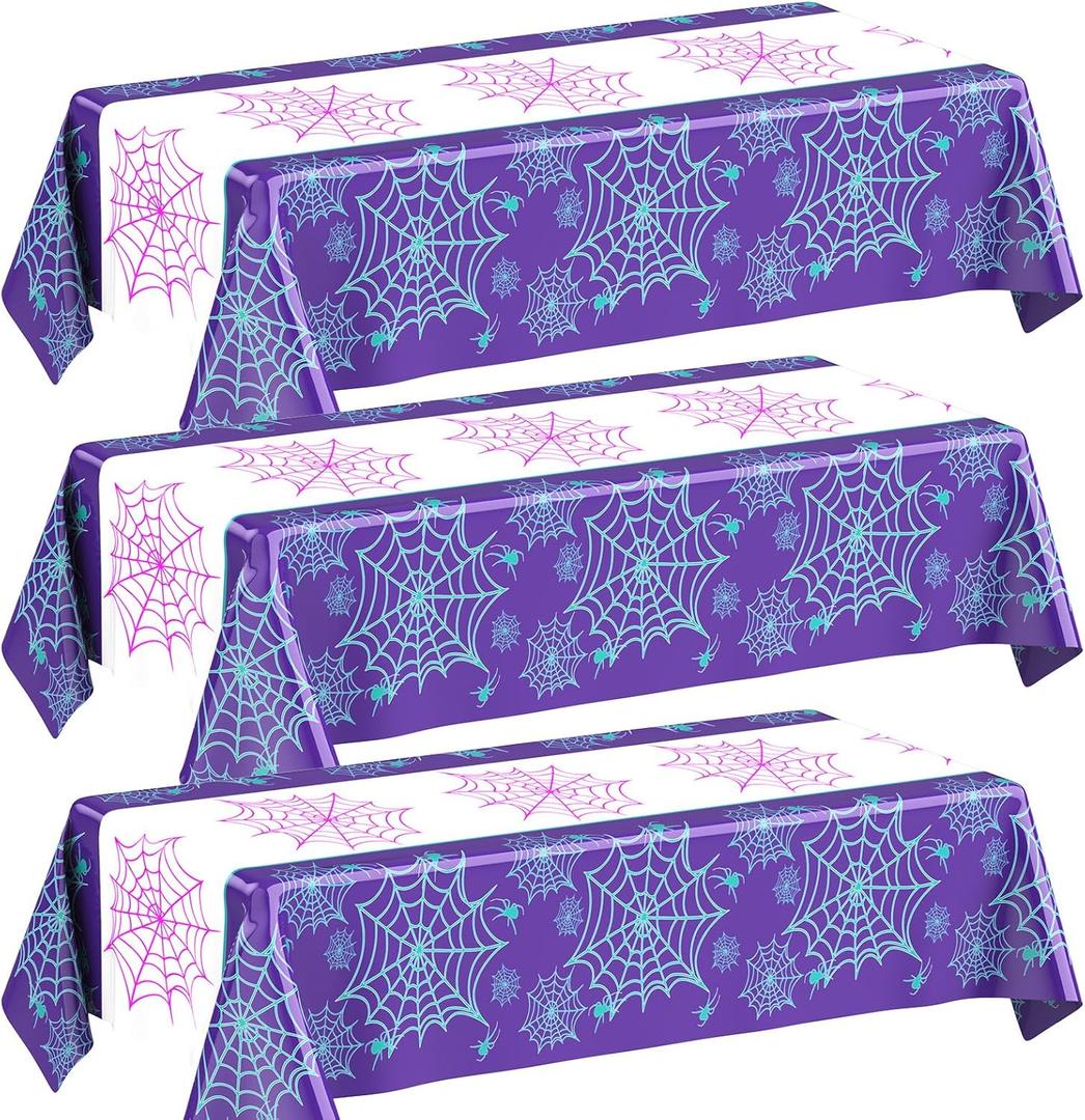 Oudain 3 Pack Spider Theme Birthday Decorations Halloween Purple Black Red Green Pink Web Bat Tablecloth Cartoon Table Cover Party Favor for Birthday(Spider,Web,Purple)