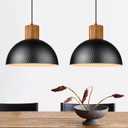 ELYONA 2 Pack Hammered Pendant Lights, 12" Industrial Metal Dome Hanging Lamp, Solid Wood Pendant Light Fixtures for Kitchen Island, Bar, Farmhouse, Dining Room, Bedroom, Hallway, Black
