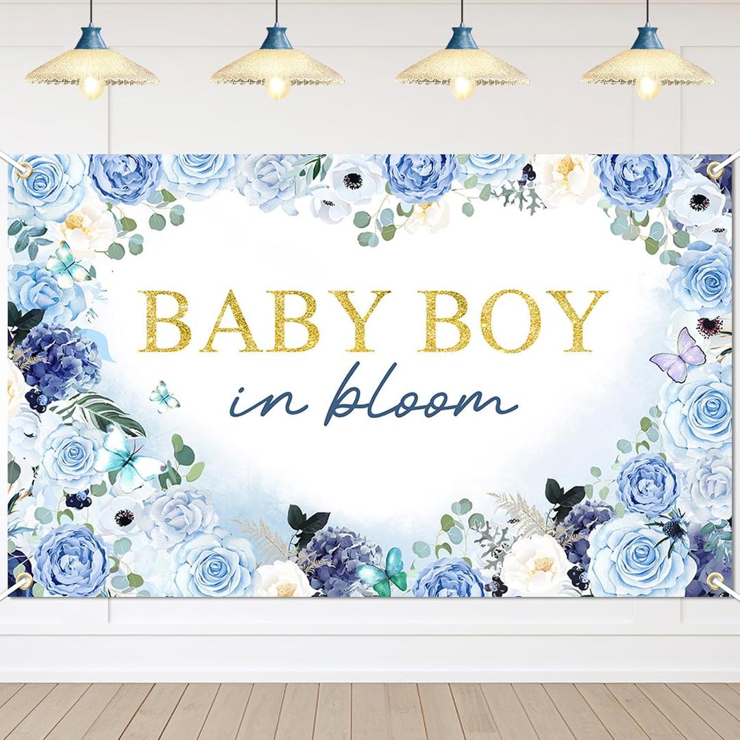 Avezano Baby Boy in Bloom Backdrop 6x3.6 ft Baby in Bloom Baby Shower Decorations Boy Blue Watercolor Floral Baby Shower Banner Newborn Photography Props