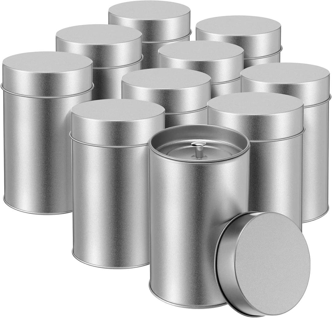 Zopeal 10 Pack Tea Tin Canister with Airtight Double Lids 12 oz Can Box Canister for Loose Leaf Tea Storage Bag Container Portable Small Kitchen for Coffee Sugar Pantry Camping, Silver