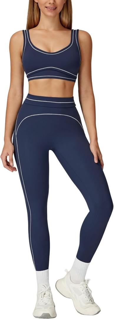 Women 2 Piece Workout U Back Color Block Sports Bra High Waist Tummy Control Active Leggings Yoga Pilates Outfits (Blue, L)