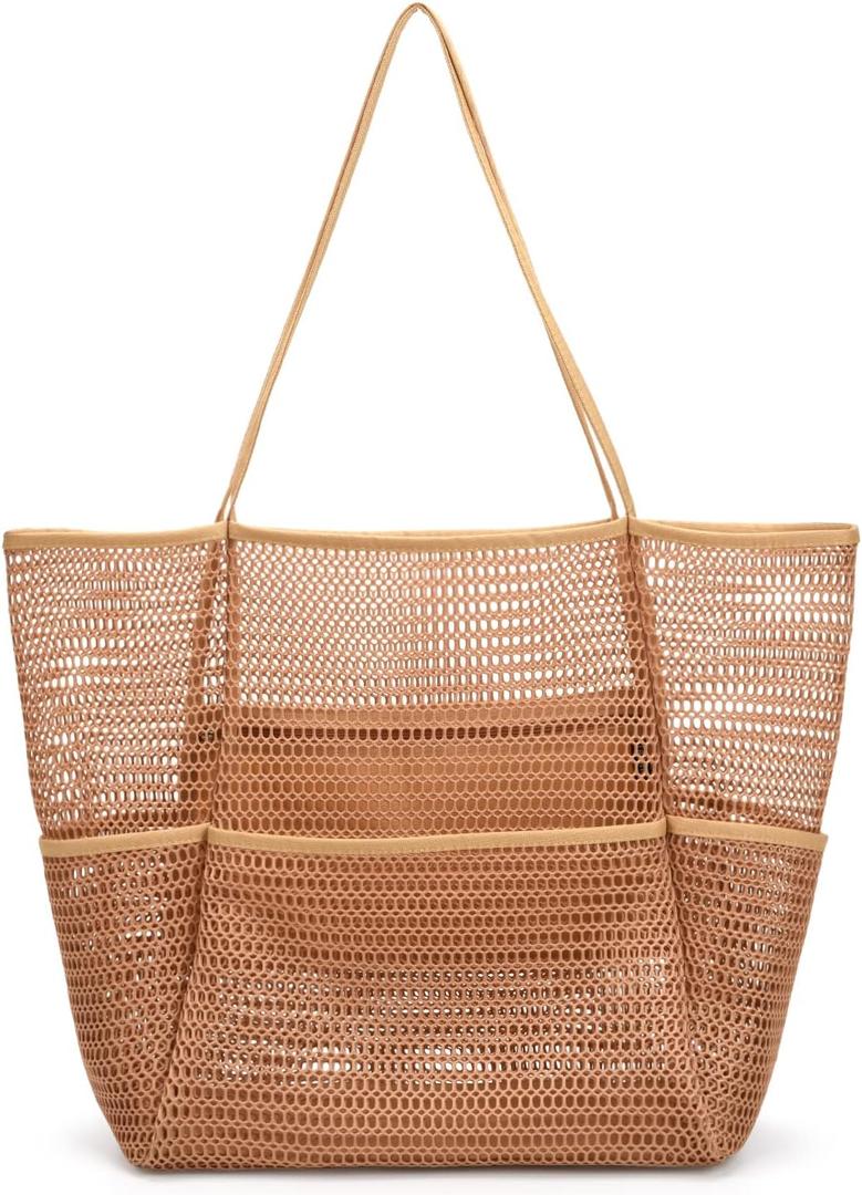 Tainehs Beach Bag - Mesh Tote Bag Beach Vacation Clothes for Women Pool Bag for Travel Pool Family Cruise Essentials 2026, 14.17 inches long by 6.69 inches wide by 15.36 inches high, A-khaki