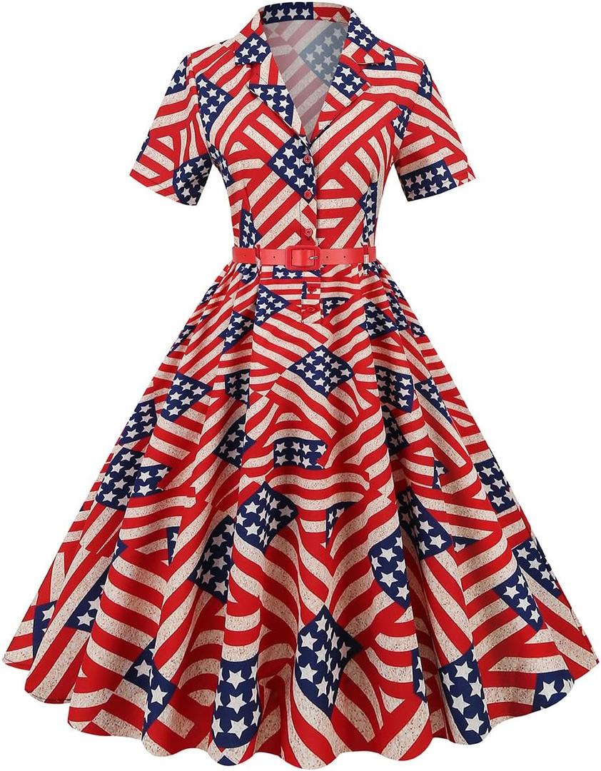 1950s Vintage Shirt Dress Short Sleeve Audrey Hepburn Style Vintage Cocktail Swing Dresses (Medium, American Flag)