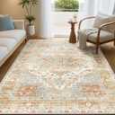 Kokia Washable Area Rugs Boho Thin Non Slip Stain Resistant Vintage Orange Printed Carpet Oriental Foldable Distressed 4x6 Rug for Living Room Bedroom Indoor House (Orange/Cream/Affogato/Gray)