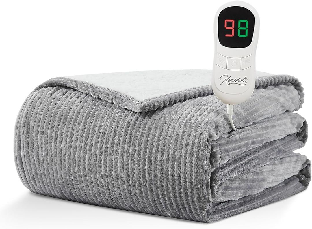 Homemate Electric Heated Blanket - 62"x84" Auto-Off Sherpa Flannel Blanket With 10 Heat Levels, Overheat Protection and ETL Certification (62 Inch x 84 Inch, Light Grey (Striped))