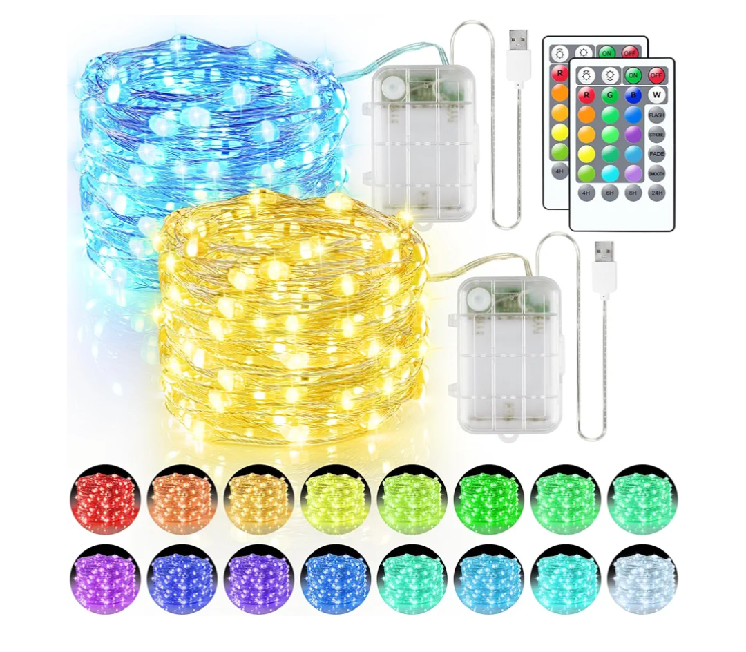 33ft 100LED Fairy Lights Battery Operated, 2 Pack 16.5ft 16 Color Changing String Lights with Remote Timer, RGB Waterproof Twinkle Lights for Indoor Outdoor Room Garden Yard Decor