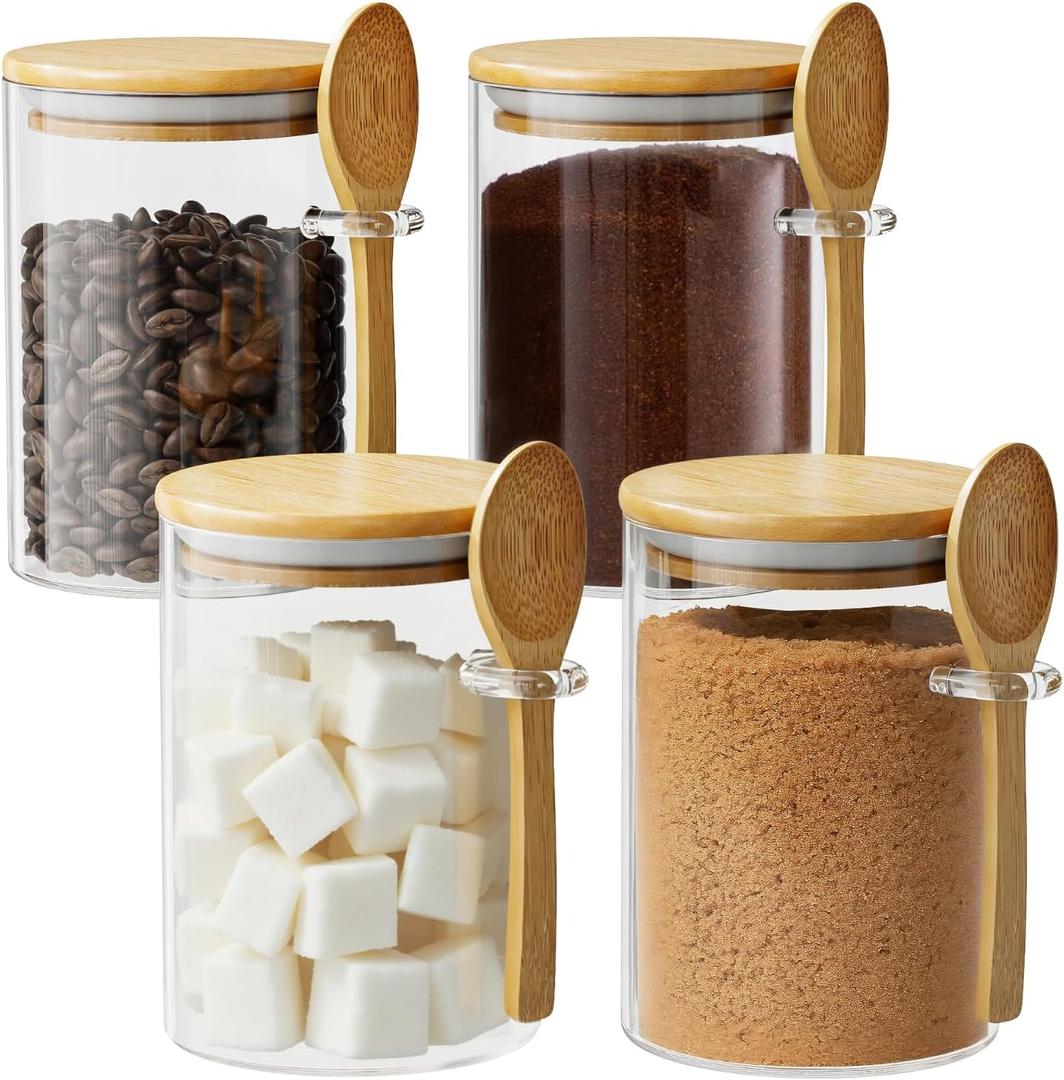 Glass Sugar Container with Spoon - 4 Pack 15oz Glass Jars with Bamboo Lid and Spoon, Bamboo Lid Storage Jar Containers for Coffee Beans, Spice, Brown Sugar, Tea, Flour, Nuts, Candy, Salts and More