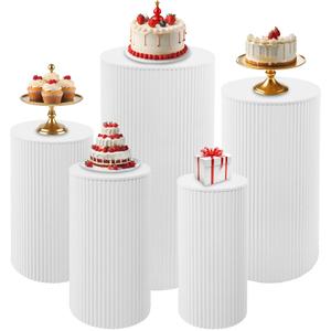 Fivenl 5 Pcs Metal Pleated Cylinder Pedestal Stands for Party, Heavy Duty White Round Cake Pedestal Stand Flower Plant Display Plinth Pillars for Wedding Birthday Event Decor, 1 piece 35.63” H x 15.75” D, 1 piece 29.72” H x 14.17” D, 1 piece 23.82” H x 12.6” D, 1 piece 21.85” H x 11.02” D, and 1 piece 19.88” H x 9.45” D