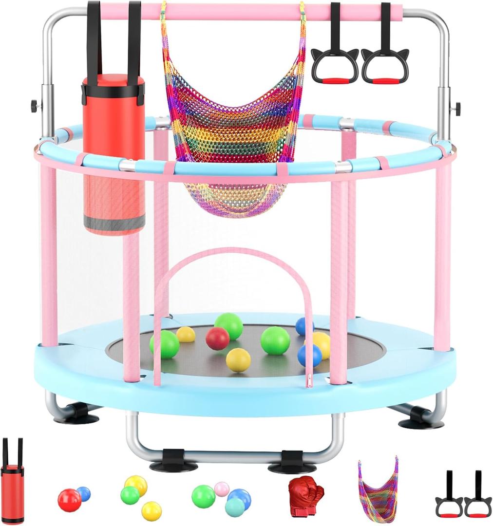 55" Toddler Mini Trampoline for Kids, Indoor Outdoor Toys with Swing, 440lbs Baby Kids Trampoline, Gymnastics Bar, Birthday Gifts for Boy Girl Age 1-8 (Pink-Bule)