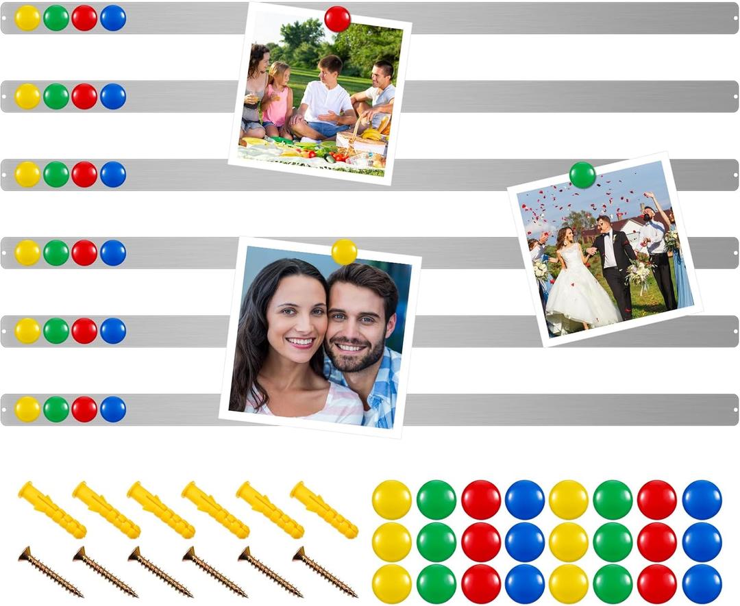 6 Pcs 48" x 2" Frameless Magnetic Bulletin Board Strip for Wall Stainless Iron Metal Bulletin Bar Board Memo Strip with 16 Magnets 4 Nails 4 Wall Anchors for School Office Home (Silver)