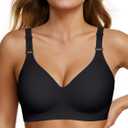 OEAK Women's Seamless Bras Comfortable Bra No Underwire Full Support Bralette Push Up Plus Size V Neck Sleeping T-shirt Bras (Large, Black)