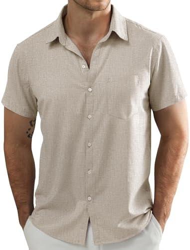 JOGAL Mens Short Sleeve Button Down Shirts Regular Fit Casual Summer Beach Shirt with Pocket Medium, Khaki 